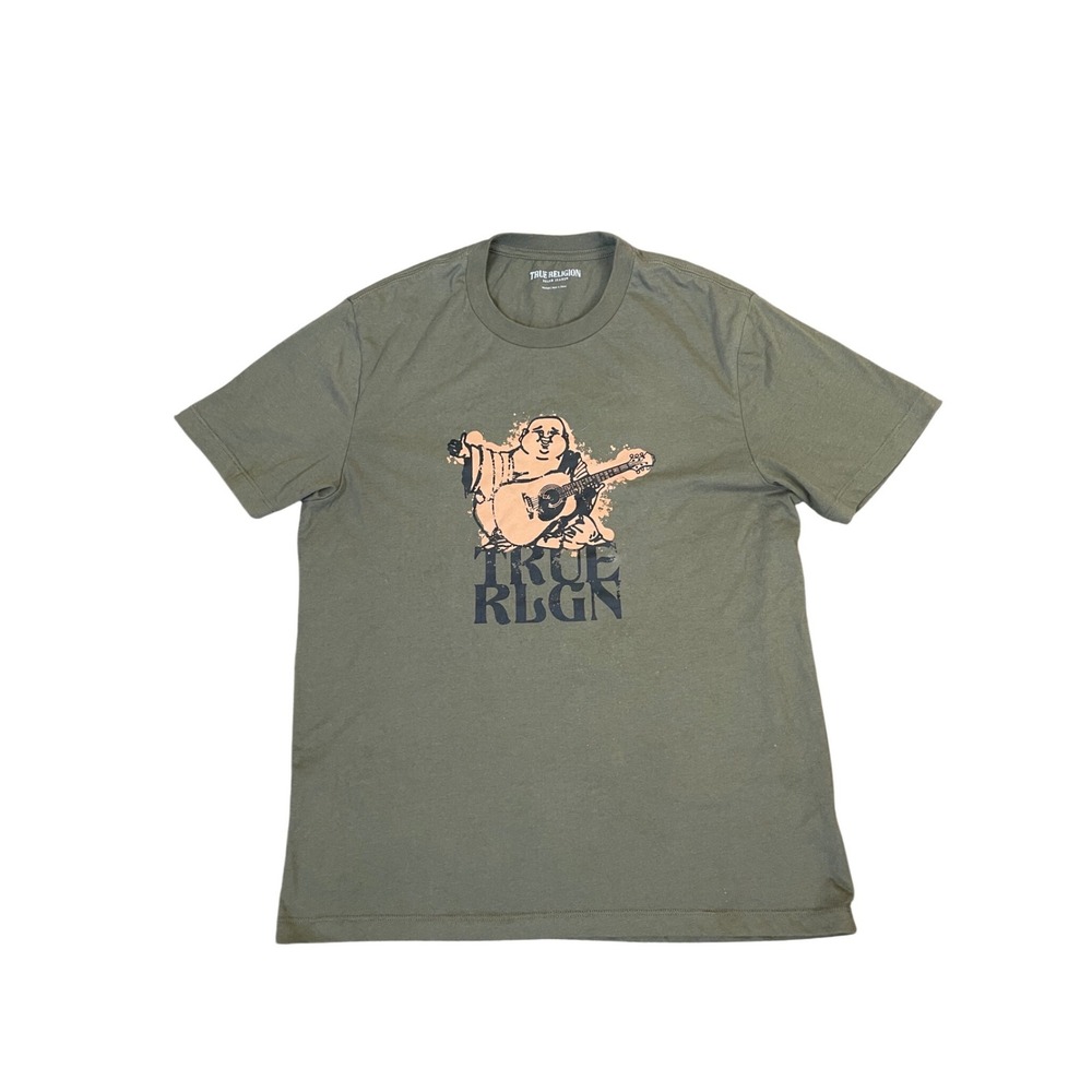 True Religion Mens Olive Green Buddha Guitar Graphic T-Shirt Medium Short Sleeve